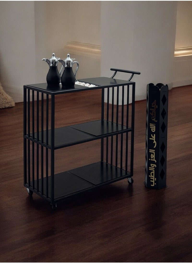 fan baytk - New and attractive design three-tier black wood serving cart, 80 cm length x 90 cm height x 40 cm width: Perfect for decorating your home or organizing your parties. Adds a touch of elegance to any occasion, whether it is a romantic dinner or a family gathering. - Image 1