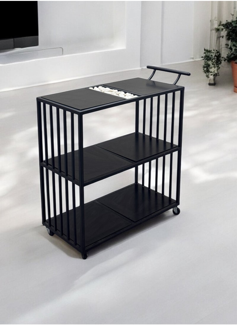 fan baytk - New and attractive design three-tier black wood serving cart, 80 cm length x 90 cm height x 40 cm width: Perfect for decorating your home or organizing your parties. Adds a touch of elegance to any occasion, whether it is a romantic dinner or a family gathering. - Image 1