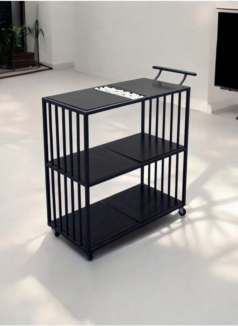 fan baytk - New and attractive design three-tier black wood serving cart, 80 cm length x 90 cm height x 40 cm width: Perfect for decorating your home or organizing your parties. Adds a touch of elegance to any occasion, whether it is a romantic dinner or a family gathering. - Image 1