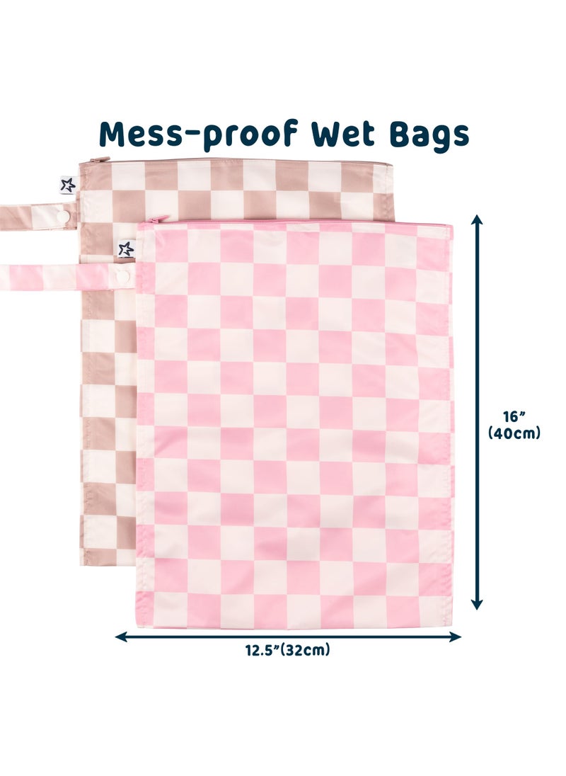 Tiny Twinkle Tiny Twinkle Mess-proof Wet Bags 2 Pack Waterproof and Washable Bag for Travel storage, Stroller, Daycare, Baby Diapers, Yoga, Beach, Pool, Wet Toddler Swimsuits (Pink, Brown Checkers)  - Image 2