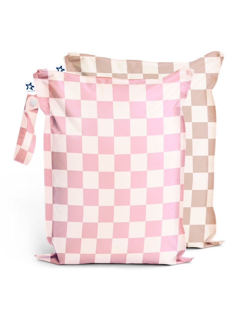 Tiny Twinkle Tiny Twinkle Mess-proof Wet Bags 2 Pack Waterproof and Washable Bag for Travel storage, Stroller, Daycare, Baby Diapers, Yoga, Beach, Pool, Wet Toddler Swimsuits (Pink, Brown Checkers)  - Image 1