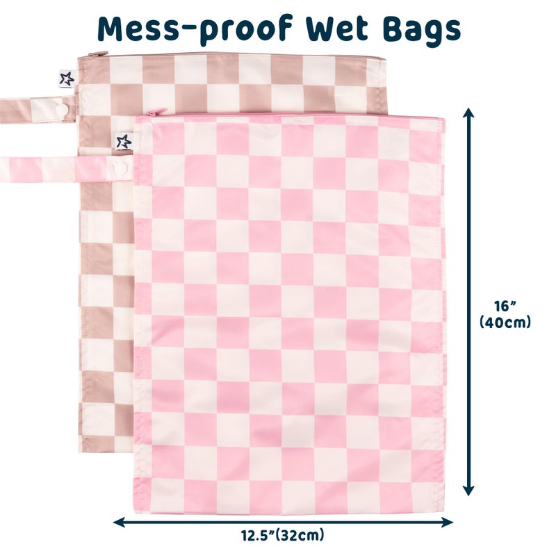 Tiny Twinkle Mess-proof Wet Bags 2 Pack Waterproof and Washable Bag for Travel storage, Stroller, Daycare, Baby Diapers, Yoga, Beach, Pool, Wet Toddler Swimsuits (Pink, Brown Checkers) - Image 2