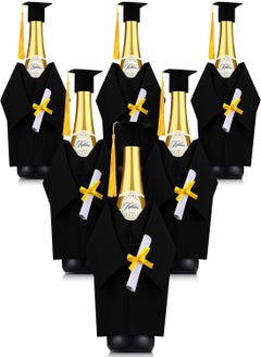 Graduation Wine Coat Bottle Covers Sets, 6 Sets Mini Black Graduation Gown and Cap Felt Wine Gift Bag Bulk with Tassels Suit, Wine Bottle Cover for Wine or Champagne Bottle, Graduation Party  Decor