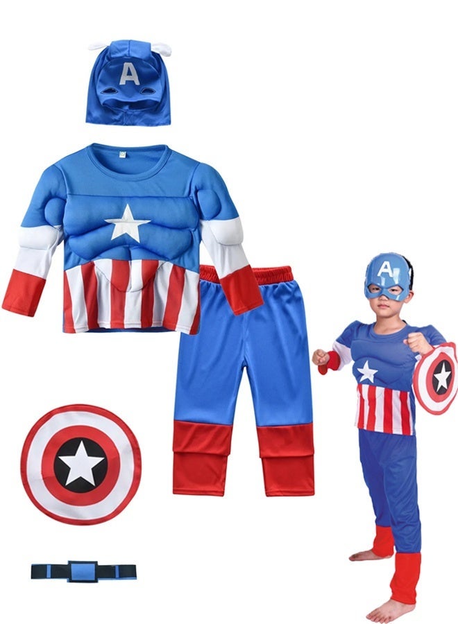 Kids Captain America Muscle Costume Full Set with Head Mask Waist Belt Shield, Superhero Outfit for Boys Halloween Cosplay Birthday Party Fancy Dress Up Costume 3-12Y ﻿ - Image 1
