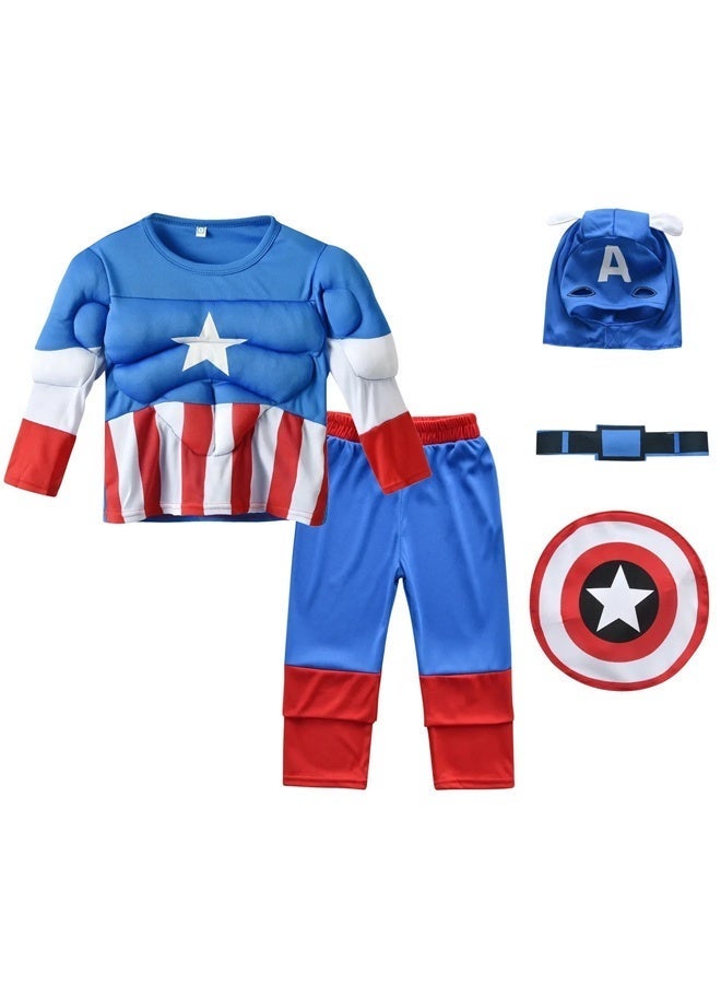 Kids Captain America Muscle Costume Full Set with Head Mask Waist Belt Shield, Superhero Outfit for Boys Halloween Cosplay Birthday Party Fancy Dress Up Costume 3-12Y ﻿ - Image 3
