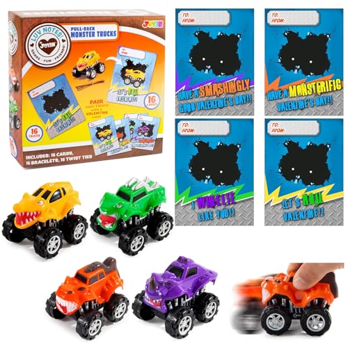 JOYIN Valentines Day 16 Pack Pull Back Monster Truck Toys with Gift Cards for Kids Mini Monster Trucks Classroom Exchange Prizes Valentine Party Favor Toys - Image 1