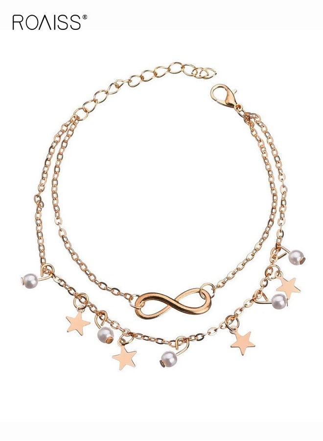 رويس خلخال نسائي، خلخال بوهيمي عتيق مزين بالخرز على شكل نجمة خماسية للنساء، سلسلة مزدوجة الطبقات على شكل رقم 8 مناسبة للشاطئ الصيفي مع طول قابل للتعديل - Image 4