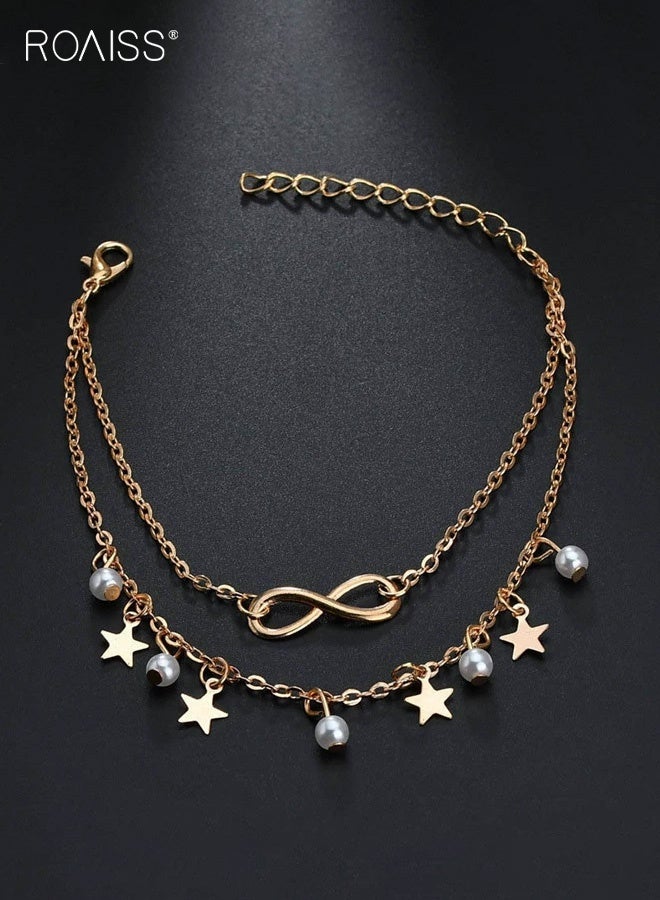 رويس خلخال نسائي، خلخال بوهيمي عتيق مزين بالخرز على شكل نجمة خماسية للنساء، سلسلة مزدوجة الطبقات على شكل رقم 8 مناسبة للشاطئ الصيفي مع طول قابل للتعديل - Image 1