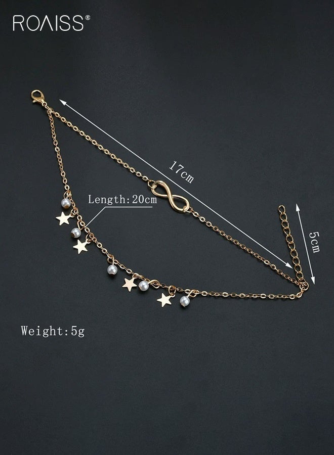 رويس خلخال نسائي، خلخال بوهيمي عتيق مزين بالخرز على شكل نجمة خماسية للنساء، سلسلة مزدوجة الطبقات على شكل رقم 8 مناسبة للشاطئ الصيفي مع طول قابل للتعديل - Image 3