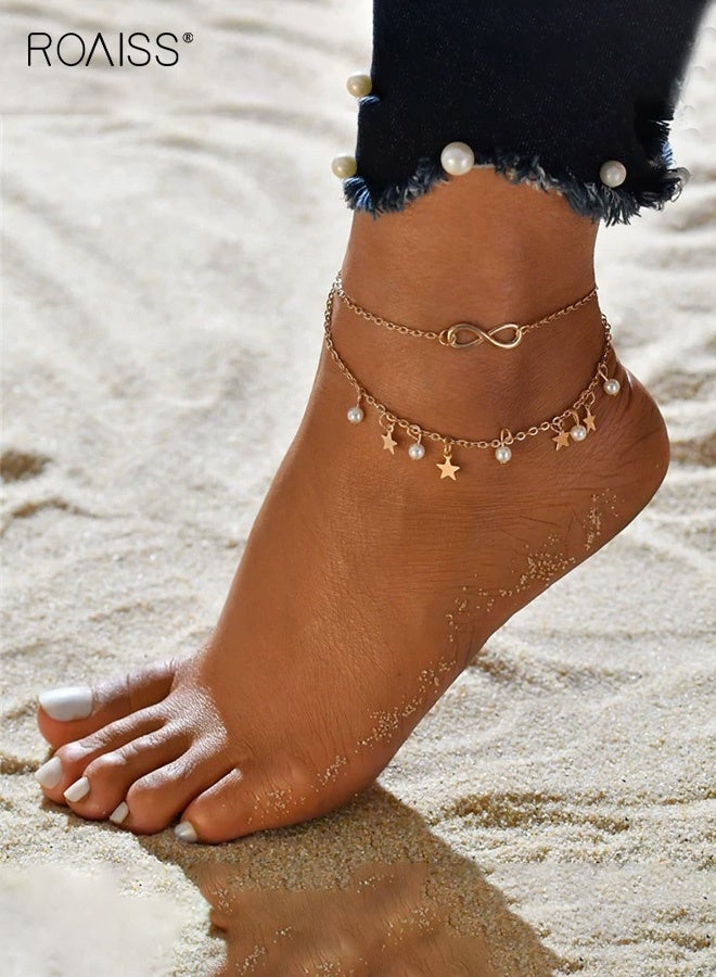 رويس خلخال نسائي، خلخال بوهيمي عتيق مزين بالخرز على شكل نجمة خماسية للنساء، سلسلة مزدوجة الطبقات على شكل رقم 8 مناسبة للشاطئ الصيفي مع طول قابل للتعديل - Image 2