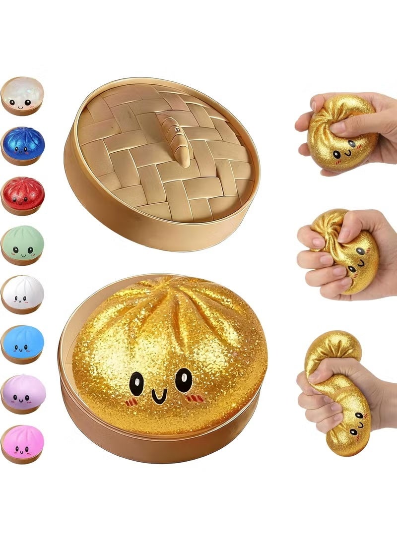 Glitter Dumpling Squishy,Dumpling Squishies,Glitter Dumpling Mystery Box,Colorful Dumpling Stress Balls Fidget,Jumbo Squishy Toy with Steamer Box,Soft Squeeze Decompression Dough (Glitter Gold) - Image 1