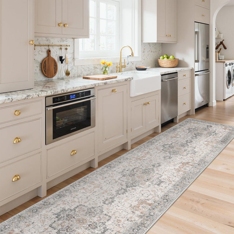 GENIMO Runner Rug 26x10 Non Slip Vintage Hallway Runner Rugs Low Pile Lightweight Machine Washable Mat for Hallway Entryway Bedroom Kitchen and Corridor Light Taupe Brown