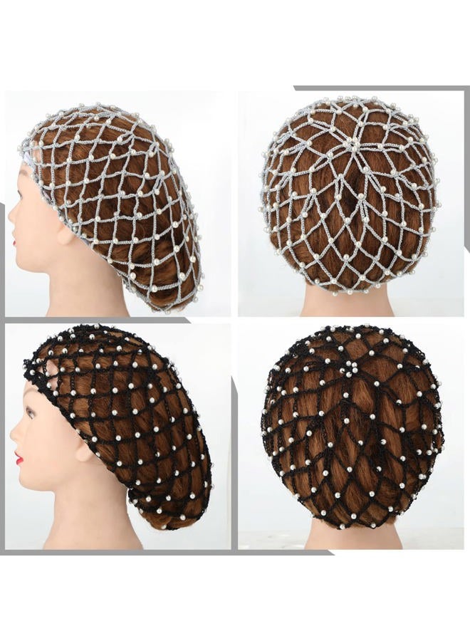 Mtlee 2 Pieces Mesh Crochet Hair Net Rayon Knit Snood with Pearl Crocheted Sleeping Cap Hair Wrap Hair Cover Ornament for Long Short Curls Hair(Black, Gray) - Image 5
