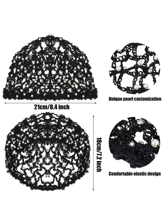 Mtlee 2 Pieces Mesh Crochet Hair Net Rayon Knit Snood with Pearl Crocheted Sleeping Cap Hair Wrap Hair Cover Ornament for Long Short Curls Hair(Black, Gray) - Image 2