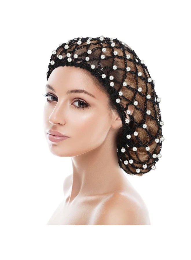 Mtlee 2 Pieces Mesh Crochet Hair Net Rayon Knit Snood with Pearl Crocheted Sleeping Cap Hair Wrap Hair Cover Ornament for Long Short Curls Hair(Black, Gray) - Image 4