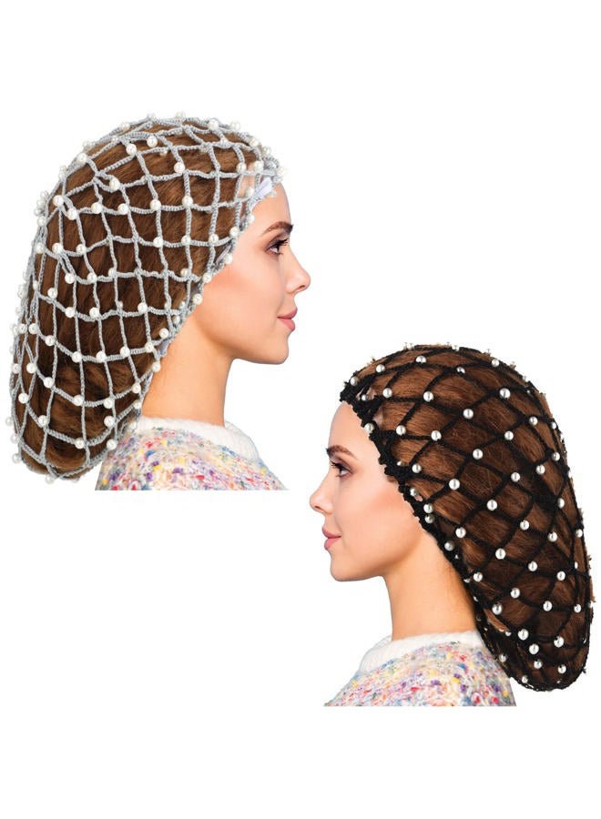 Mtlee 2 Pieces Mesh Crochet Hair Net Rayon Knit Snood with Pearl Crocheted Sleeping Cap Hair Wrap Hair Cover Ornament for Long Short Curls Hair(Black, Gray) - Image 1