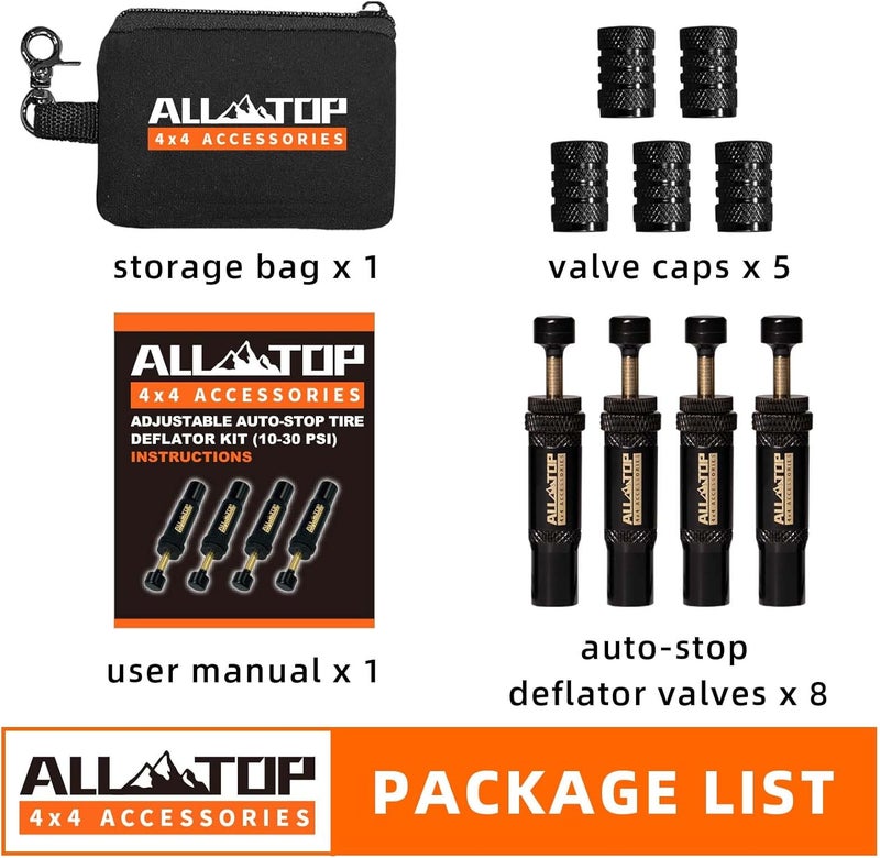 ALL-TOP Adjustable Auto-Stop Tire Deflator Valve Kit (10-30 PSI) - 8 PCS Screw-on Tyre Air Down Tool for Offroad 4x4 with 5 Valve Caps - Image 3