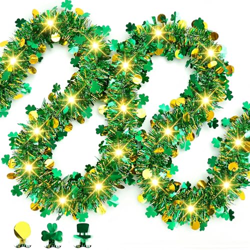 XmasExp 33ft St Patricks Day Decorations Green St Patricks Day Garland with Light Shiny Shamrock Hat Saint Patricks Day Tree Decorations Hanging Ornaments for Tree,Mantle, Birthday,Home - Image 1