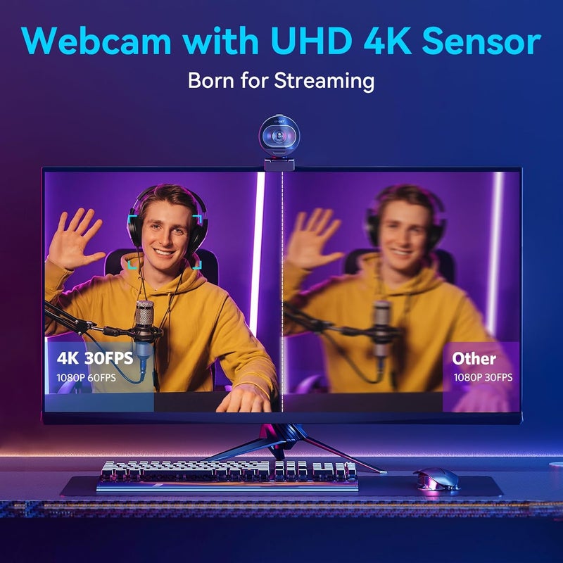 كاميرا البث EMEET S600 بدقة 4K - مستشعر 1/2.5 بوصة، تركيز تلقائي PDAF، 1080P @60 إطارًا في الثانية، ميكروفونان لتقليل الضوضاء، حماية خصوصية مدمجة، مجال رؤية 73°، كاميرا بث تجارة مباشرة/ألعاب/تجميل - Image 2