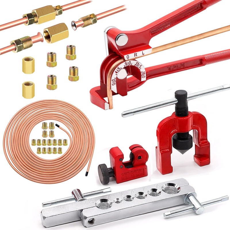 Tnisesm 316Inch Brake Line kit Include CopperPlated Brake Lines with Fitting 16Pcs Fittings2Pcs Unions4Pcs Nut Brake line Bender Single Flare ToolCutter 316Inch Brake line kit