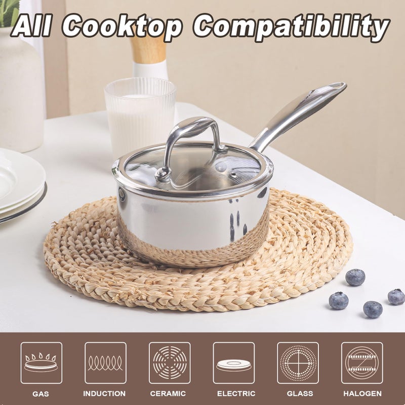KC-Emier 1-Quart Saucepan with Lid, Tri-Ply Stainless Steel Pot with Stay-Cool Handle & All Cooktop Compatibility (Gas, Ceramic, Electric) - Silver - Image 3