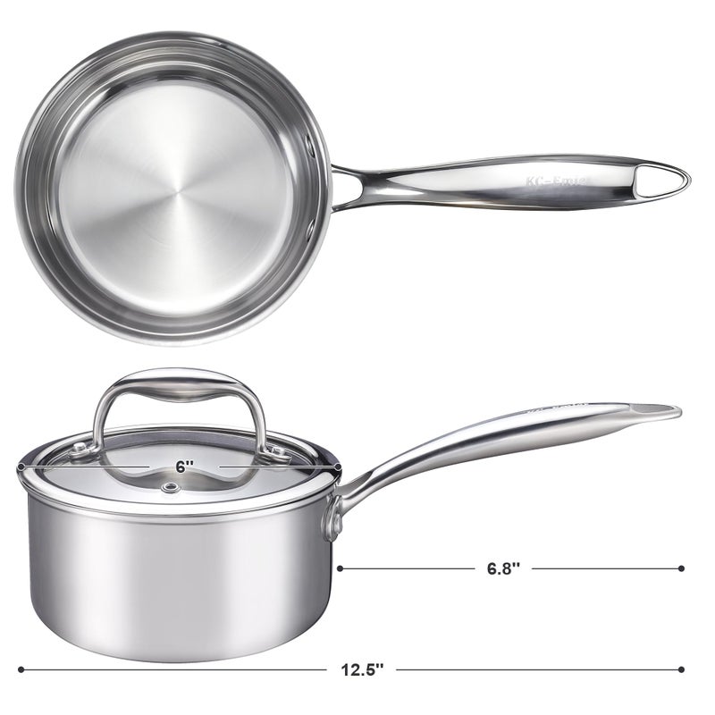 KC-Emier 1-Quart Saucepan with Lid, Tri-Ply Stainless Steel Pot with Stay-Cool Handle & All Cooktop Compatibility (Gas, Ceramic, Electric) - Silver - Image 2