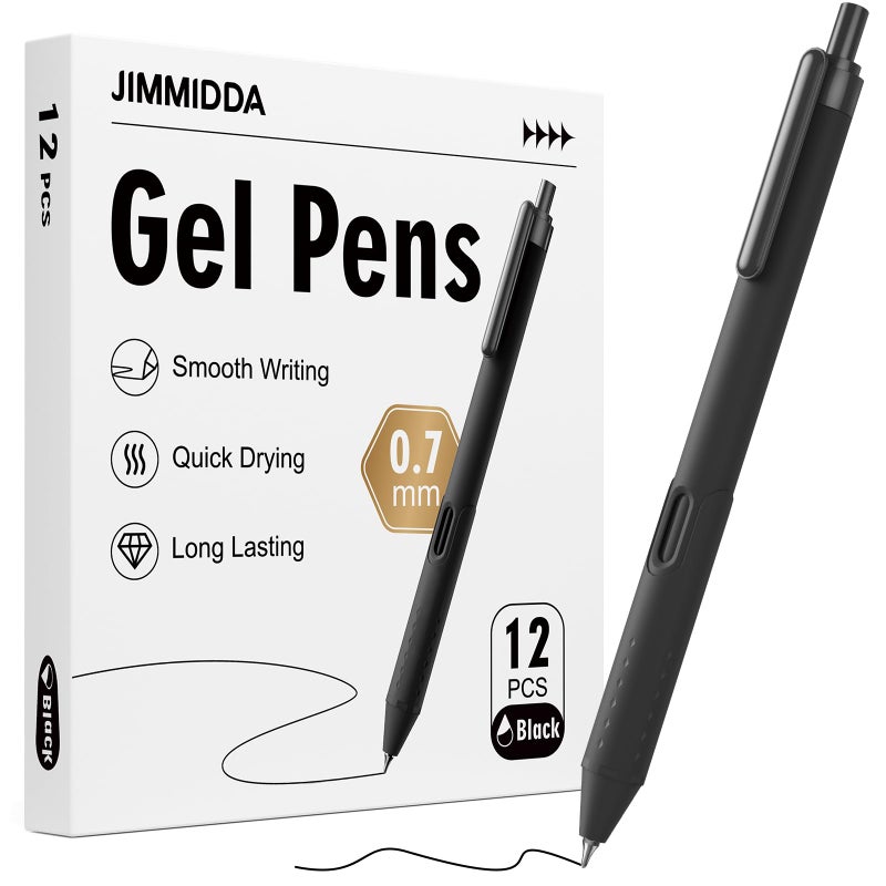 JIMMIDDA 12 Pack Gel Pens - 0.7mm Quick-Drying Smooth Writing Black Ink Pens - Comfort Grip Retractable Pens for Journaling, Office Supplies (12 Count, Black Ink) - Image 1