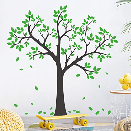 Buiory Giant Tree Wall Decal Removable Falling Green Leaves Wall Sticker DIY Peel and Stick Art Decor Black Tree Wall Sticker for Baby Kids Girls Bedroom Classroom Nursery Walls Background Decorations - Image 3