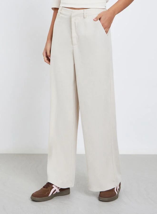 Styli Styli Women Cream Corduroy Flat Front Wide Leg Pants