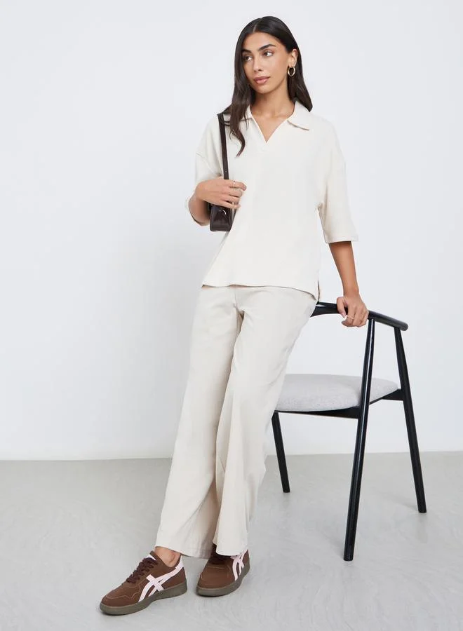 Styli Styli Women Cream Corduroy Flat Front Wide Leg Pants