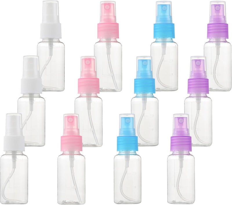 SINIDE Spray Bottles 30 ml/1 oz, 12 Pack Clear Empty Fine Mist Plastic Mini Travel Bottle Set, Portable Refillable Makeup Sprayer Containers for Perfume, Liquids, Aromatherapy, Small Size
