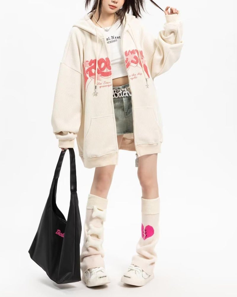 Sumleno Y2K Zip Up Hoodie Letter Print Star Graphic Grunge Hooded Corduroy Sweatshirt Jacket Oversized Retro Y2k Clothing (Beige,M) - Image 3