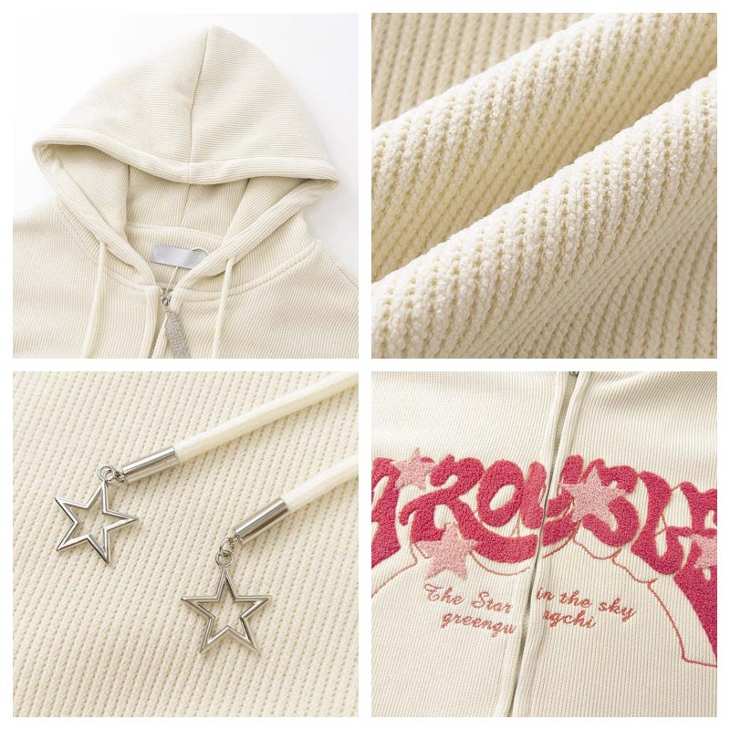Sumleno Y2K Zip Up Hoodie Letter Print Star Graphic Grunge Hooded Corduroy Sweatshirt Jacket Oversized Retro Y2k Clothing (Beige,M) - Image 5