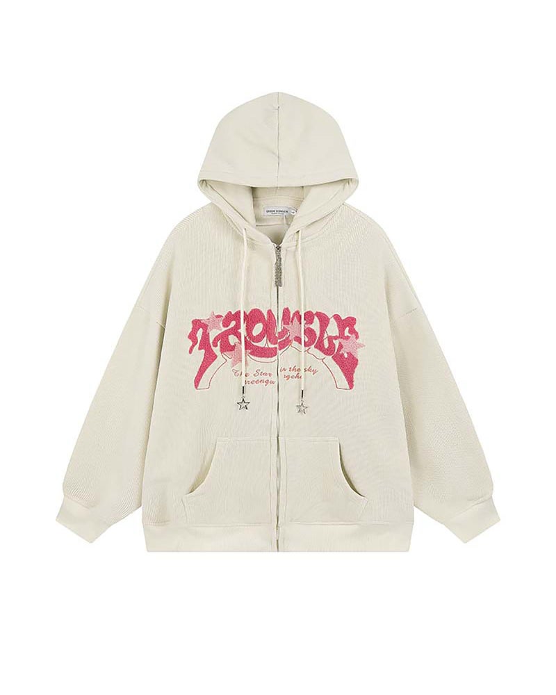 Sumleno Y2K Zip Up Hoodie Letter Print Star Graphic Grunge Hooded Corduroy Sweatshirt Jacket Oversized Retro Y2k Clothing (Beige,M) - Image 1