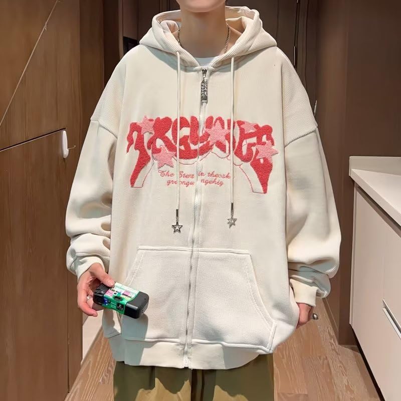 Sumleno Y2K Zip Up Hoodie Letter Print Star Graphic Grunge Hooded Corduroy Sweatshirt Jacket Oversized Retro Y2k Clothing (Beige,M) - Image 2