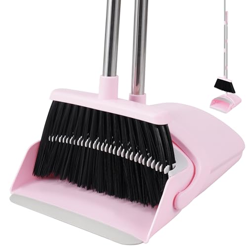 BSKLIN Pink Broom and Dustpan Set, 52” Long Adjustable Handle Broom with Dustpan Combo Set with Dust Pan Teeth to Clean Hair for Home Lobby Office - Image 1