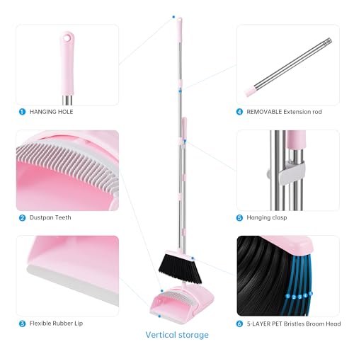 BSKLIN Pink Broom and Dustpan Set, 52” Long Adjustable Handle Broom with Dustpan Combo Set with Dust Pan Teeth to Clean Hair for Home Lobby Office - Image 2