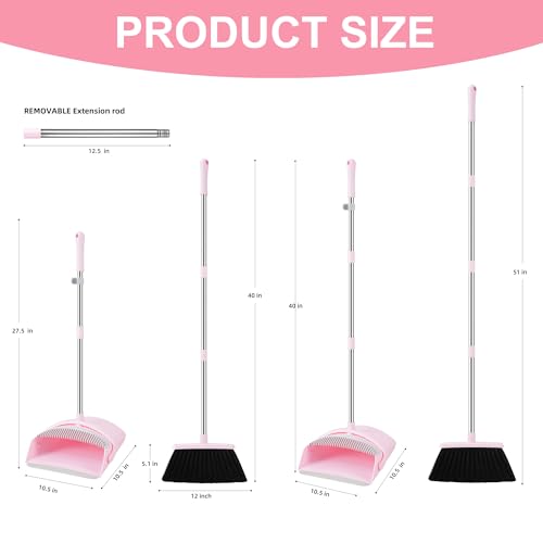 BSKLIN Pink Broom and Dustpan Set, 52” Long Adjustable Handle Broom with Dustpan Combo Set with Dust Pan Teeth to Clean Hair for Home Lobby Office - Image 3