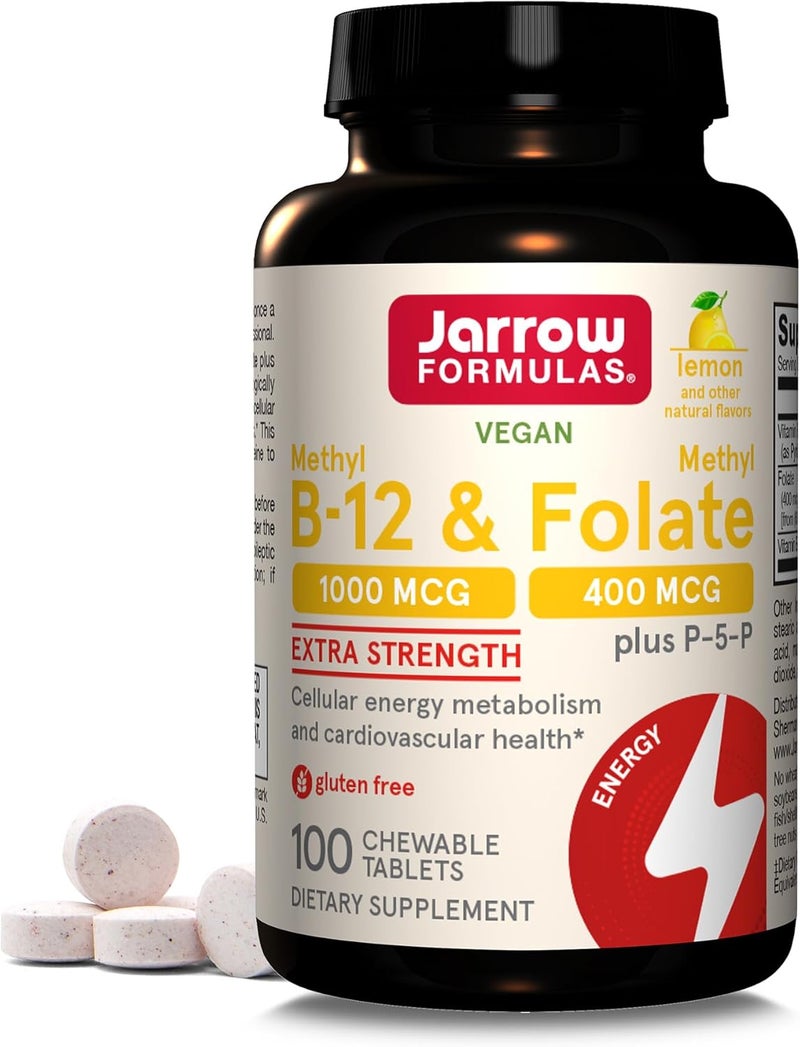 Jarrow Formulas Methyl B12 1000 MCG and Methyl Folate 400 MCG Extra Strength Cellular Energy Metabolism and Cardiovascular Health Formula1 With P5P 100 Chewable Tablets Up to a 100 Day Supply - Image 1