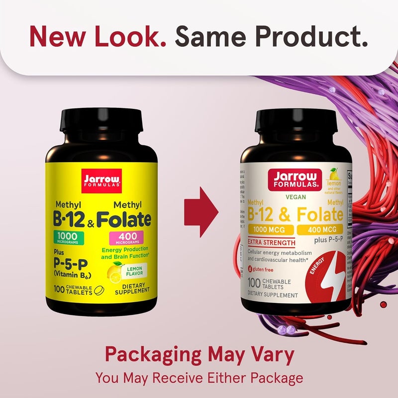 Jarrow Formulas Methyl B12 1000 MCG and Methyl Folate 400 MCG Extra Strength Cellular Energy Metabolism and Cardiovascular Health Formula1 With P5P 100 Chewable Tablets Up to a 100 Day Supply - Image 2
