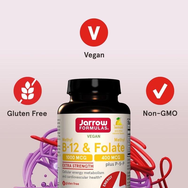 Jarrow Formulas Methyl B12 1000 MCG and Methyl Folate 400 MCG Extra Strength Cellular Energy Metabolism and Cardiovascular Health Formula1 With P5P 100 Chewable Tablets Up to a 100 Day Supply - Image 5