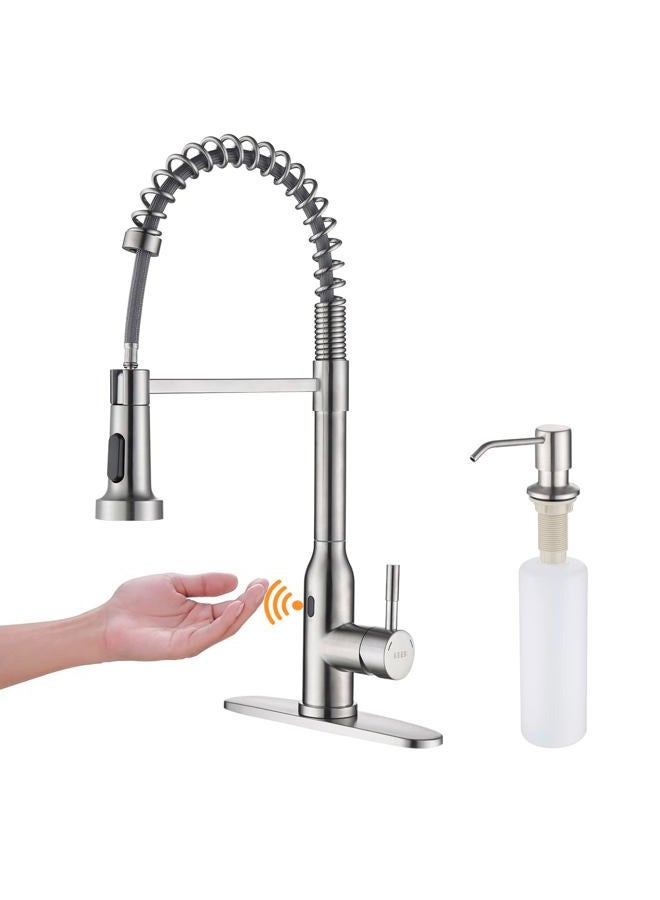 KEER Touchless Kitchen Faucet, Smart Motion Sensor Hands Free Single Handle Spring Kitchen Sink Faucet with Pull Down Sprayer,Brushed Nickel - Image 1