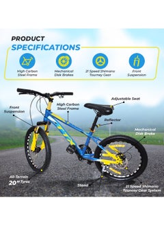 ENDLESS  Steel Alloy 20" Kids Bike with Shimano Tourney 21 Speed Gear Shifter | Blue & Yellow | For Age 6 - 9 Years | Children Bicycle with Disc Brakes, Adjustable Seat, All Terrain Tyres  - Image 2