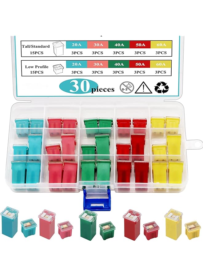 KASTWAVE 30Pcs Automotive Tall/Standard And Low Profile Box Shaped Fuses Assortment Kit, Car Fuse Assortment Kit (20A, 30A, 40A, 50A, 60A), Suitable For Chevrolet, Ford, Nissan Pickup Suv And Other Car Fuses - Image 3
