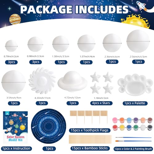 wookidel 64 PCS Solar System Project Kit, Solar System Model Kit with 13 Mix Foam Balls, Solar System Toys for Kids 3-5, Learn Planets Science Kit School Project Supplies of Bamboo Sticks, Flags, Brushes - Image 2