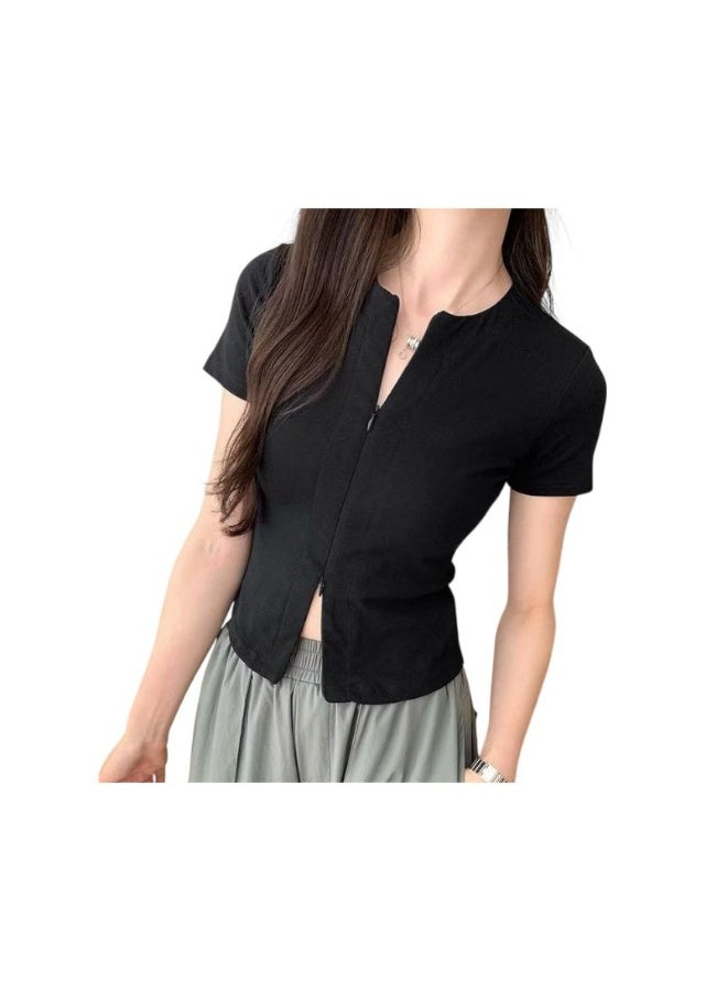Unique BLACK Small Unique Double-Zipper Short-Sleeved T-Shirt for Women Straight-Shoulder Slim-Fit Round-Neck Top