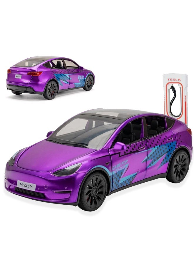 Taizz Ventures 1:24 Scale Diecast Car Tesla Model 3, Roadster, Alloy Pull Back Toy Vehicle with Lights and Sound, Opening Doors, Charging Pile for Model Y – Collectible Model and Gift for Kids and Adults, Purple - Image 1