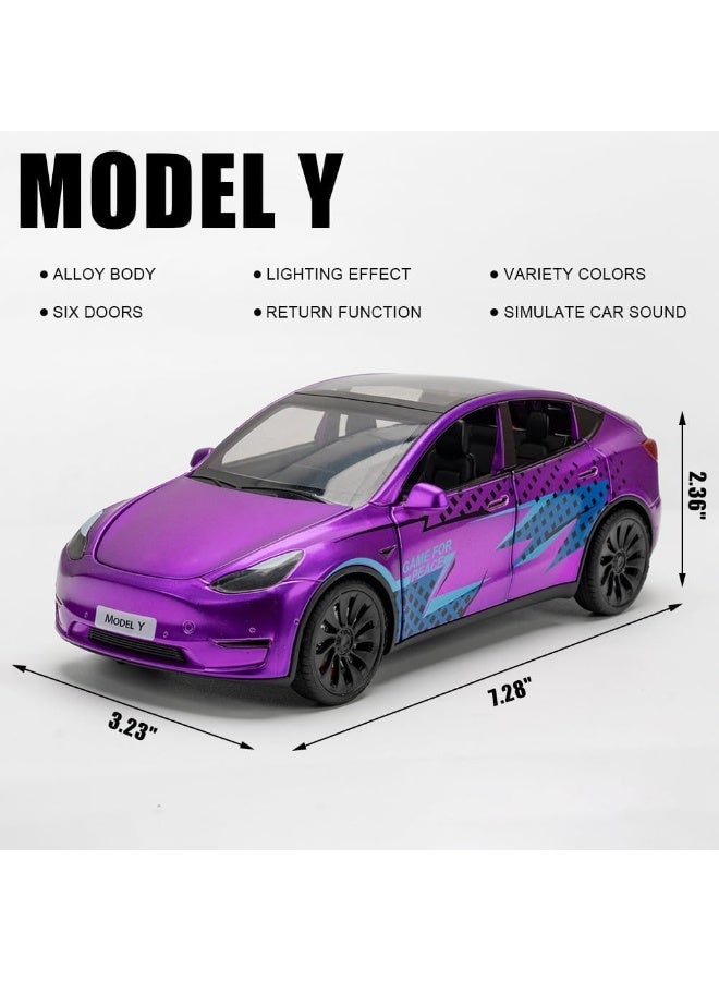 Taizz Ventures 1:24 Scale Diecast Car Tesla Model 3, Roadster, Alloy Pull Back Toy Vehicle with Lights and Sound, Opening Doors, Charging Pile for Model Y – Collectible Model and Gift for Kids and Adults, Purple - Image 4