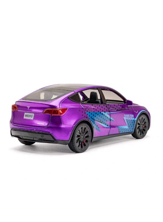 Taizz Ventures 1:24 Scale Diecast Car Tesla Model 3, Roadster, Alloy Pull Back Toy Vehicle with Lights and Sound, Opening Doors, Charging Pile for Model Y – Collectible Model and Gift for Kids and Adults, Purple - Image 2