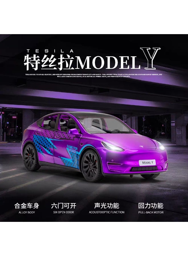 Taizz Ventures 1:24 Scale Diecast Car Tesla Model 3, Roadster, Alloy Pull Back Toy Vehicle with Lights and Sound, Opening Doors, Charging Pile for Model Y – Collectible Model and Gift for Kids and Adults, Purple - Image 3